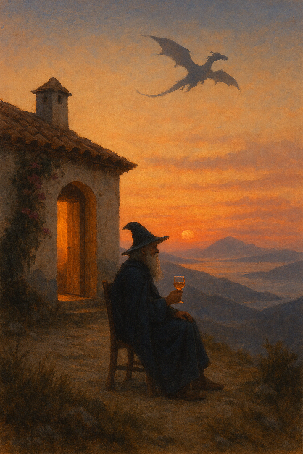 a painting of a wizard sitting on a chair with a glass of wine