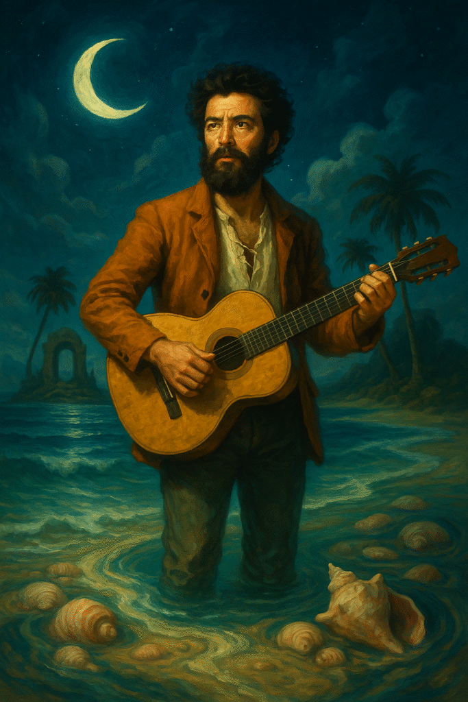 a painting of a man playing a guitar