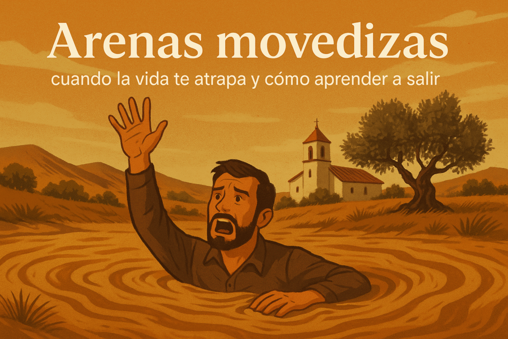 Ilustración de un hombre atrapado en arenas movedizas levantando la mano, con una iglesia blanca y un olivo al fondo en un paisaje andaluz al atardecer. Texto: Arenas movedizas, cuando la vida te atrapa y cómo aprender a salir.