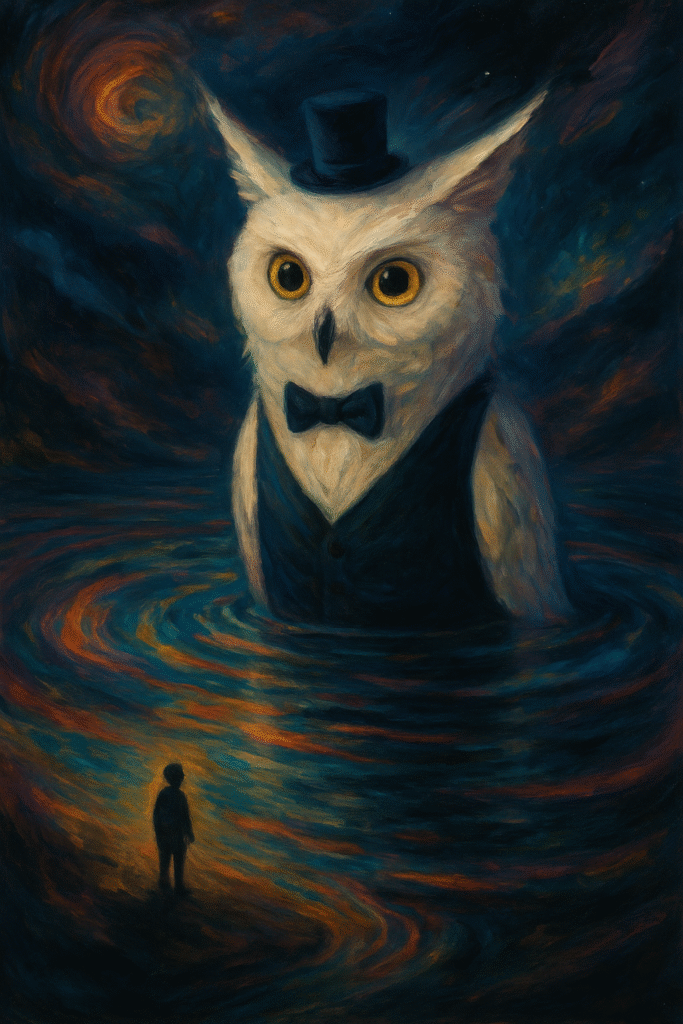 a painting of an owl in water